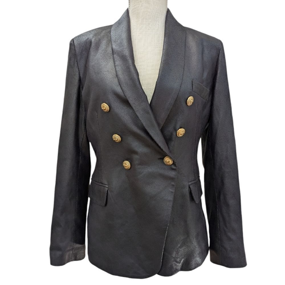 OO LA LA Faux Leather Baroque Art Deco Double Breasted Blazer Jacket Black Sz 8
